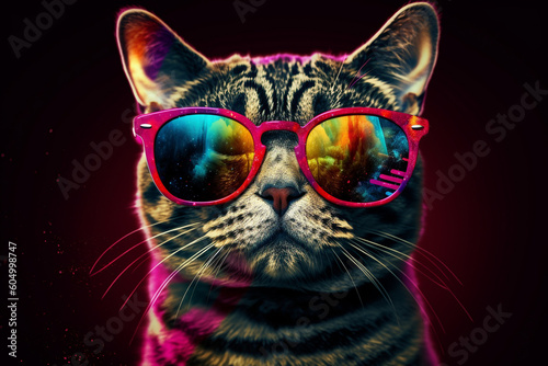 Colored cool and funny cat portrait with sun glasses. Ai generated © dragomirescu