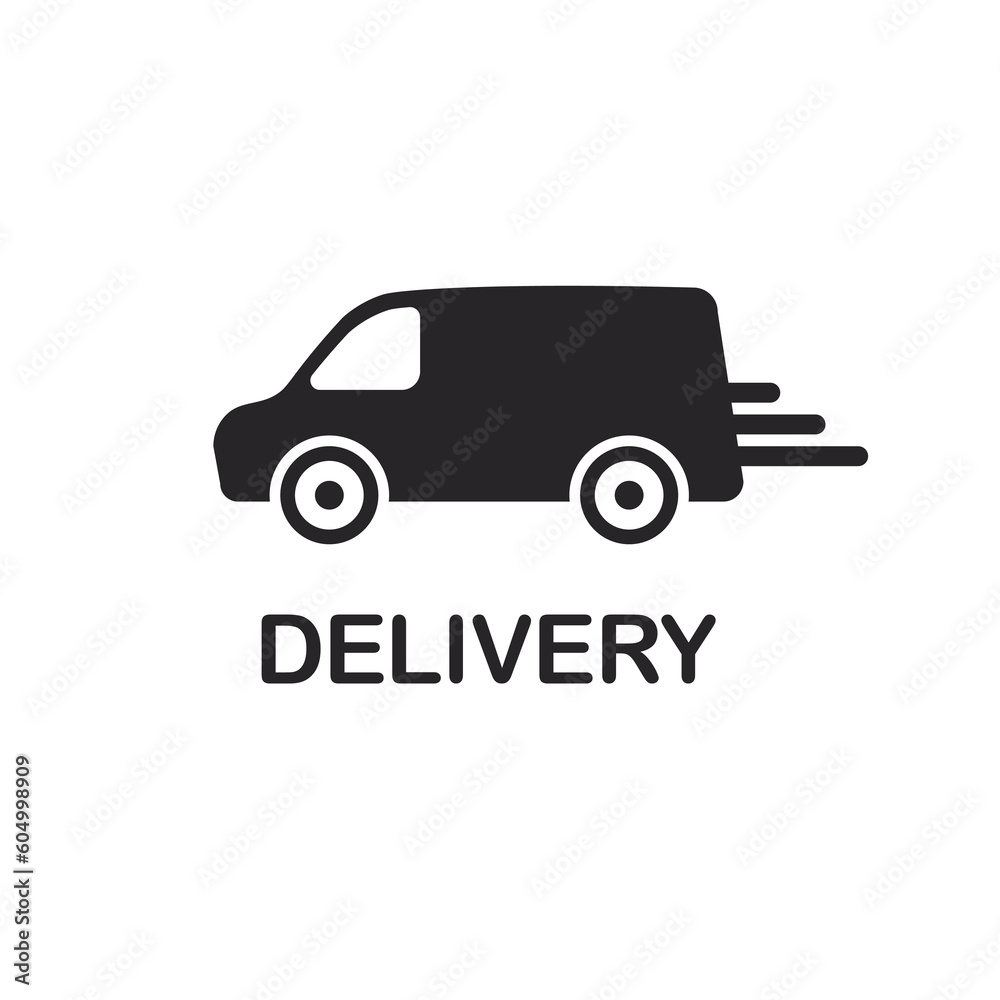 Express delivery by van. Truck black logo. Fast shipping service icon. Online order tracking. Vector illustration isolated on white background. Express delivery by van. Truck black logo. Fast shipping service icon. Online order tracking. Vector illustration isolated on white background.