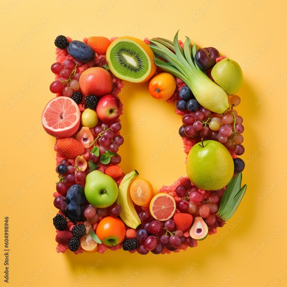 fruit, letter, alphabet, food, apple, orange, fruits, fresh, grape, healthy, banana, grapes, isolated, green, ripe, red, strawberry, diet, lemon, tropical, pineapple, kiwi, pear, generative ai