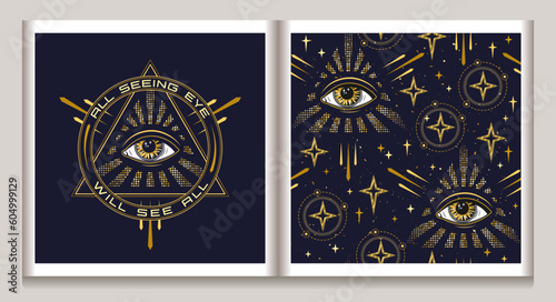 Pattern, label with all seeing eye in pyramid Concept of harmony of universe, wisdom, knowledge, extended mind, expansion of consciousness. Surreal illustration for groovy, hippie, mystical style.