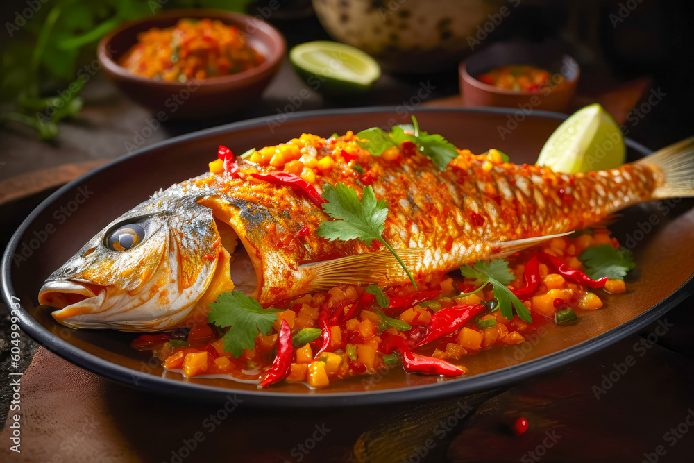 Grilled fish with vegetables served on plate. Restaurant food. Delicious food. Generative AI Grilled fish with vegetables served on plate. Restaurant food. Delicious food. Generative AI