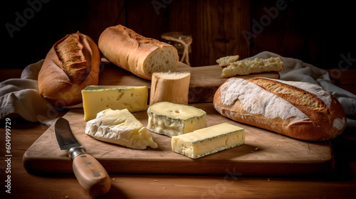 Baguettes and Fromage: A Tempting Image of Traditional French Gastronomy. Generative AI.