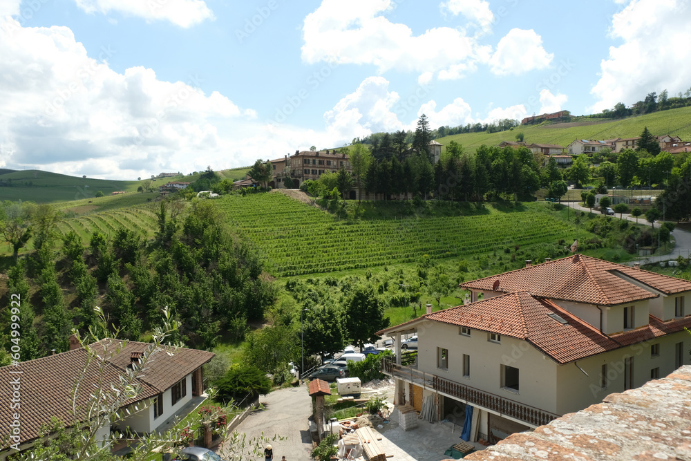 Panorama delle Langhe dal villaggio di Barolo in provincia di Cuneo, Piemonte, Italia.