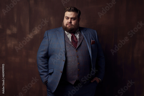 A fat handsome middle-aged man in a blue suit on brown background, AI Generated