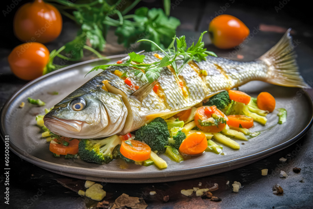 Grilled fish with vegetables served on plate. Restaurant food. Delicious food. Generative AI Grilled fish with vegetables served on plate. Restaurant food. Delicious food. Generative AI