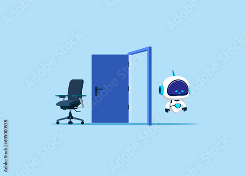 Upset fired Robot with artificial intelligence leaving office. Losing job, unemployment, finance crisis. Modern vector illustration in flat style