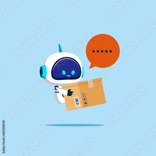 Cyborg with artificial intelligence holding a cardboard box. Delivery service. Flat vector illustration