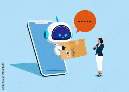 Online delivery. Cyborg сourier on smartphone screen gives box to customer. Woman receives box from shipper. Delivery services. Flat vector illustration.