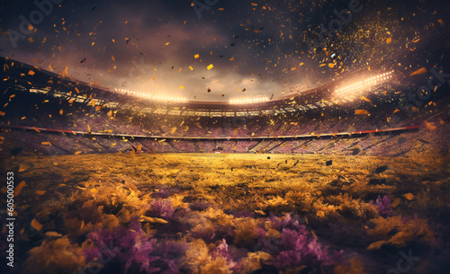 a stadium with confettis flying outside
