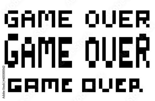 Game over title fonts in 3 variations. Transparent banner. Simple vintage retro video game style. Pixelated words.