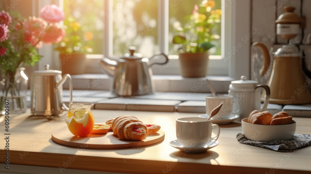 Kitchen wooden table top with breakfast at morning time. Scandinavian style vintage kitchen interior. Created with Generative AI Kitchen wooden table top with breakfast at morning time. Scandinavian style vintage kitchen interior. Created with Generative AI