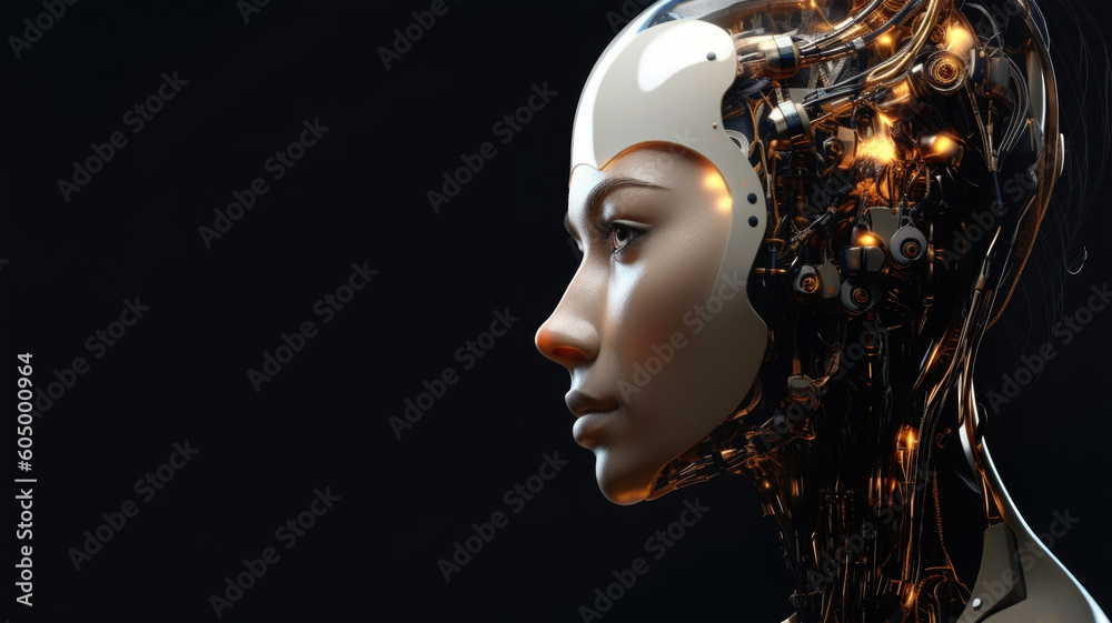 Female android face on dark background. Artificial intelligence concept. Futuristic robot head with technology neural system. Created with Generative AI