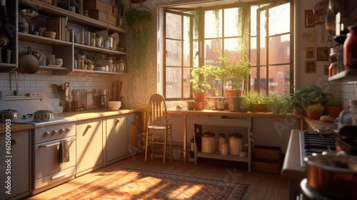Stylish kitchen interior with morning light in large window  retro design. Cozy scandi style kitchen background. Created with Generative AI