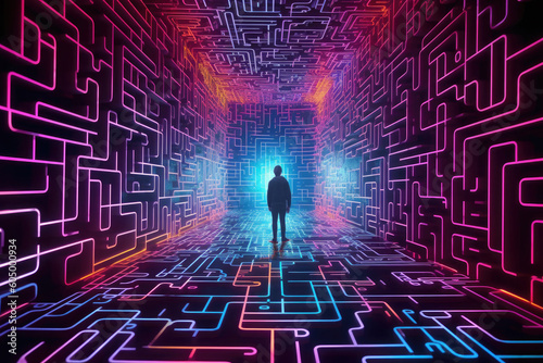 Person find exit from labyrinth in digital world. Human silhouette lost in futuristic technology maze. Digital addiction. Created with Generative AI photo