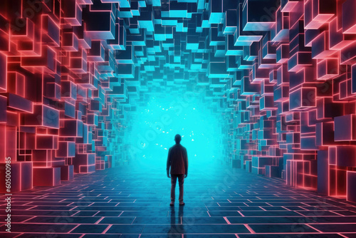 Person walking in digital world. Human silhouette lost in futuristic cyberspace made of colorful cubes. Digital addiction. Created with Generative AI © Lazy_Bear