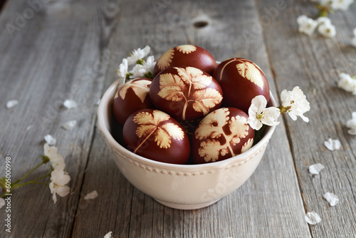 Easter Eggs dyed with onion peels, with cherry blossoms