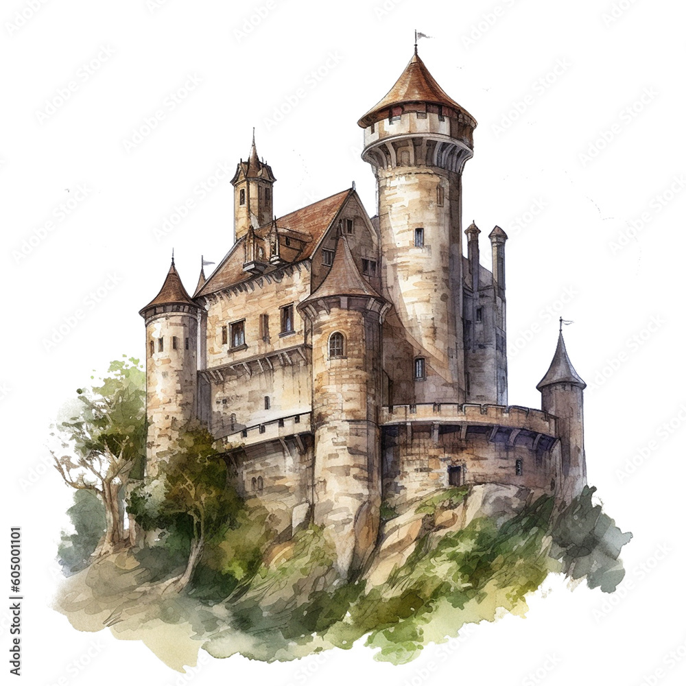 Medieval Castle Fortress Clipart, Detailed Watercolor Motif, PNG Transparent, Generative AI