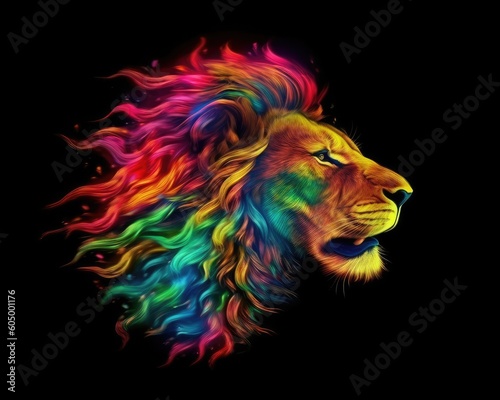 An abstract lion head profile with multicolored flame on black. (Generative AI)