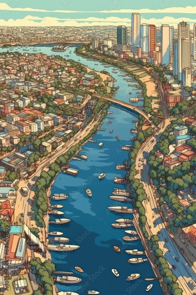 City skyline overlooks a river, busy with boats. Generative AI
