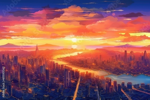 City skyline glows in sunset. Generative AI