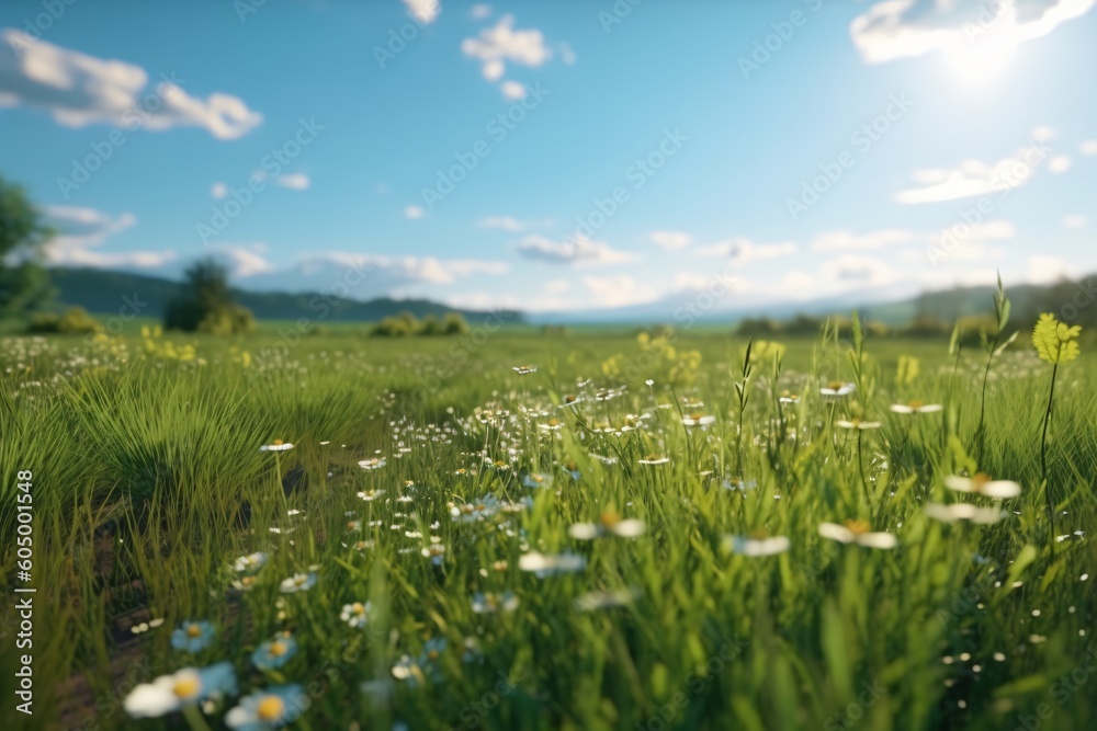 A flat green meadow in summer