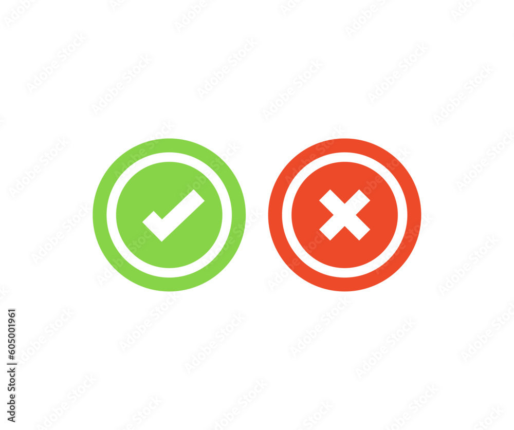 Green check mark and red cross mark icon set. Check mark and red cross icons in circle, checklist signs, flat checkmark approval badge, isolated tick symbols vector design and illustration.
Green check mark and red cross mark icon set. Check mark and red cross icons in circle, checklist signs, flat checkmark approval badge, isolated tick symbols vector design and illustration.