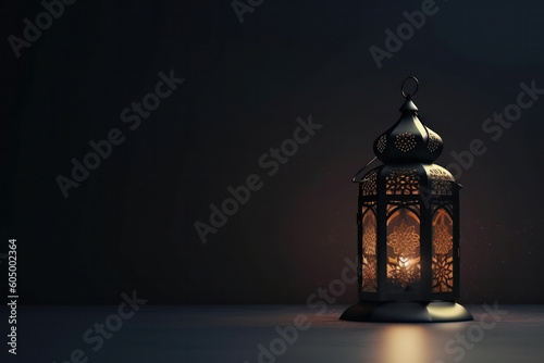 Celebrate Ramadan in style with this elegant greeting card featuring lanterns on the table against a dark background with bokeh lights. Muslim holidays and greetings. AI Generative