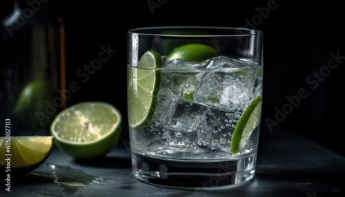 Mineral Water with ice cubes and Fresh Lime in a Glass - Generative Ai