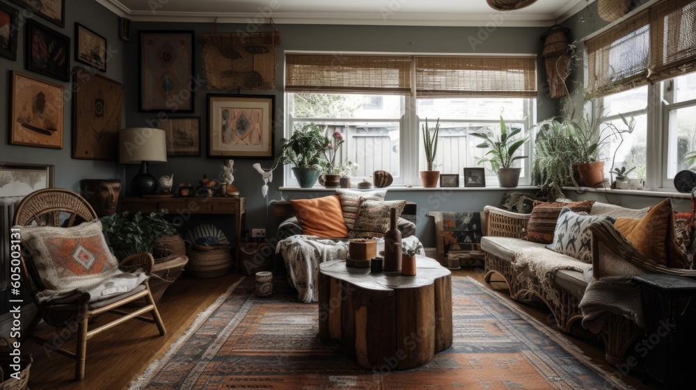 Picture of Interior design of Living Room in Bohemian style with Gallery wall ...