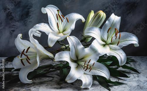 white lilies on a gray surface