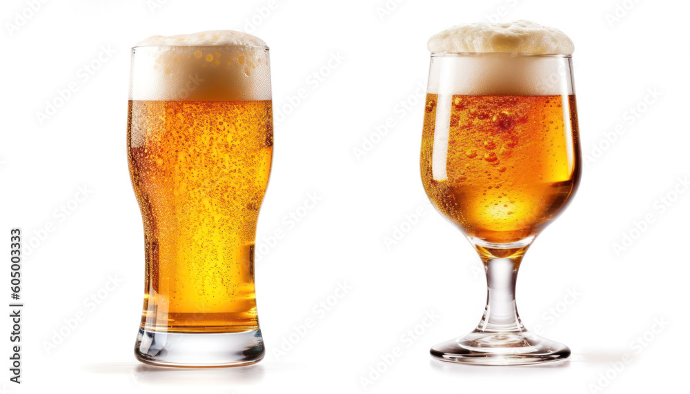 Two Different Glasses of Cold Beer with Froth on White Background - Generative Ai Two Different Glasses of Cold Beer with Froth on White Background - Generative Ai