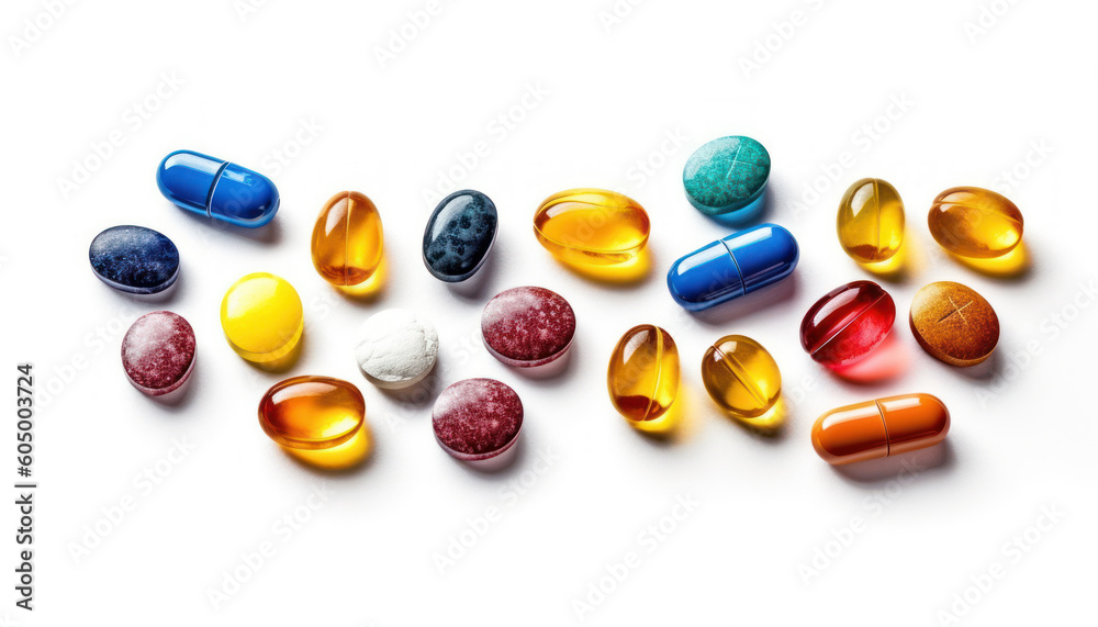 Variety of Capsules and Pills Symbolizing Dietary Supplements or Medications on a White Background. Generative Ai