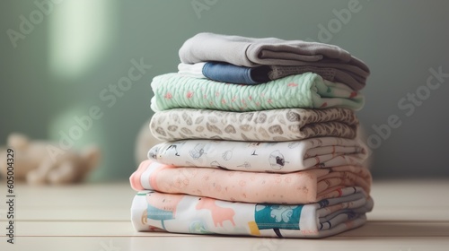 A stack of children's things close-up on a light background. AI generation