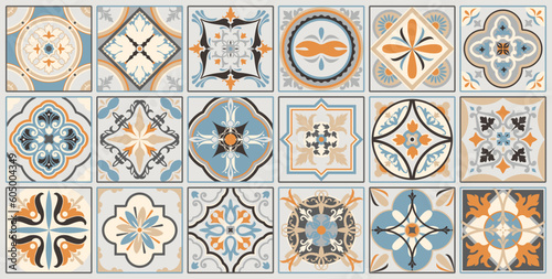 Talavera pattern. Indian patchwork. Azulejos Portugal. Turkish ornament. Moroccan tile mosaic. Ceramic tableware, folk print. Spanish pottery. Ethnic background. Mediterranean seamless wallpaper.