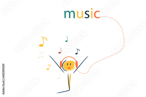 character listens to music in headphones. music, melody, song, happiness, dance