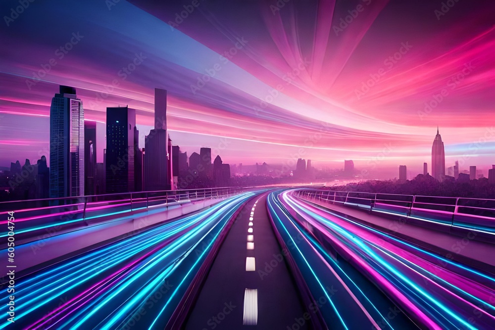abstract futuristic background with pink blue glowing neon moving high speed wave lines and bokeh lights. Data transfer concept Fantastic wallpaper, Ai Generative
