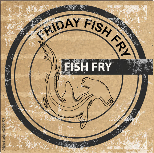 Vector frame with hand drawn seafood illustration - fresh fish, hammerhead. Decorative card or flyer design with sea food sketch. Vintage menu template. - stock vector	