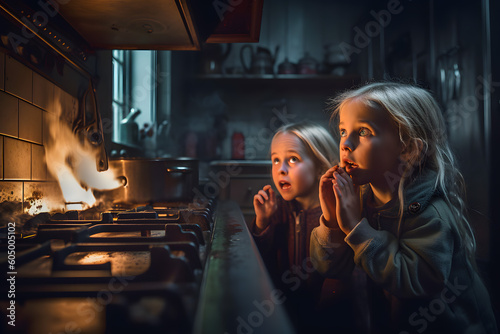 Children play on the gas burner stove ignited in the kitchen, fright child panic. Generative AI.