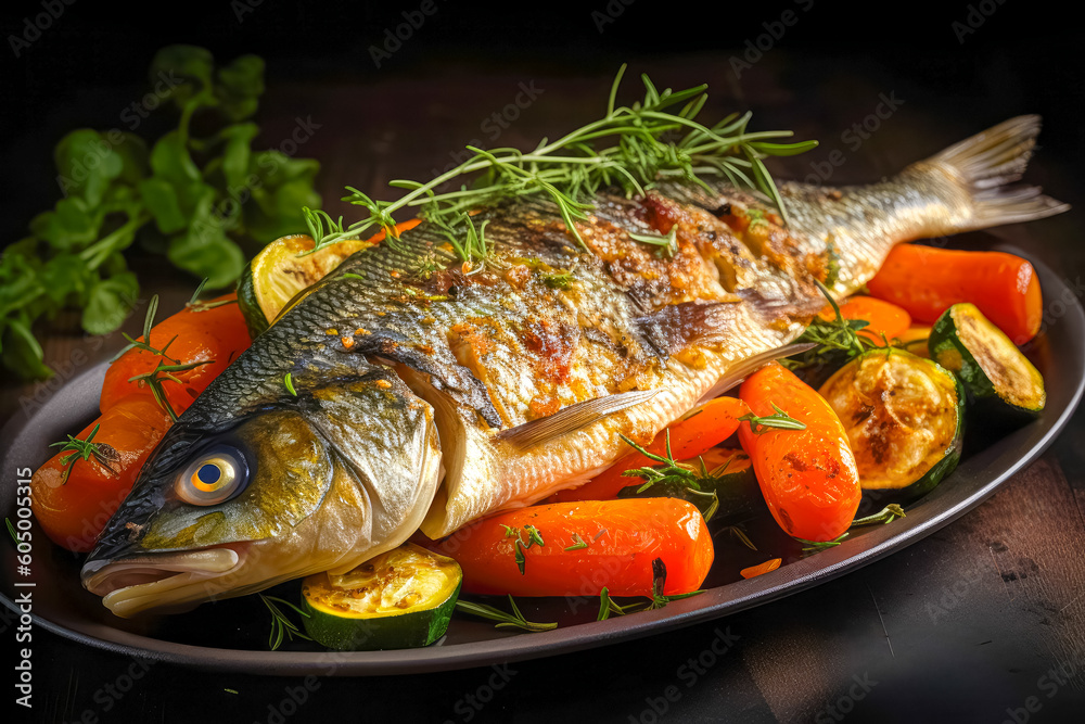 Grilled fish with vegetables served on plate. Restaurant food. Delicious food. Generative AI Grilled fish with vegetables served on plate. Restaurant food. Delicious food. Generative AI
