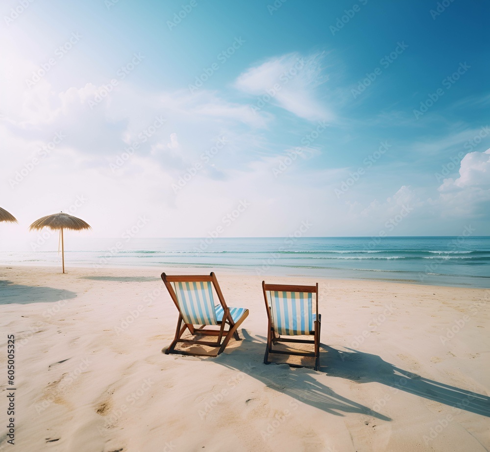 Beautiful beach. Chairs on the sandy beach near the sea. Summer holiday and vacation concept for tourism. Inspirational tropical landscape  ,Generative AI