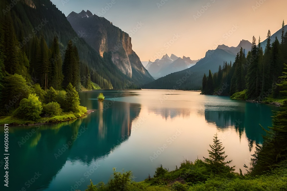 The Breathtaking Scenery: A beautiful lake surrounded by mountains covered with green trees