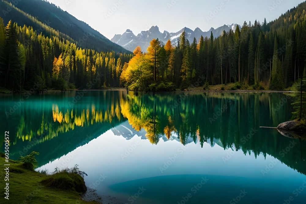 The Breathtaking Scenery: A beautiful lake surrounded by mountains covered with green trees