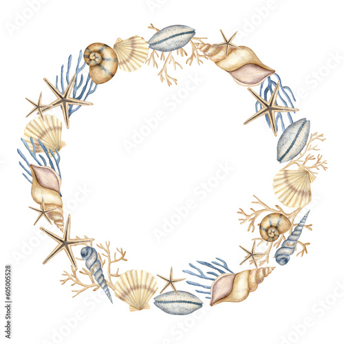 фотографія Seashell watercolor Wreath on white isolated background