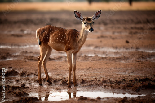 Spotted deer on the background of lifeless landscape. Speckled reindeer with white spots. Generative AI