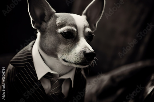 Sad dog in human clothes. Concept of tiredness, professional burnout. Generative AI