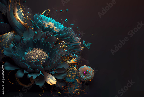 Dark green flowers with gold. Close-up. Banner. Wallpaper. Generative AI