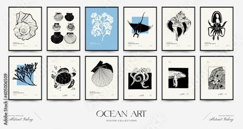 Abstract ocean and sea posters template. Modern sea Botanical trendy black style. Vintage seaweed, fish, shell. Ink wall  art.