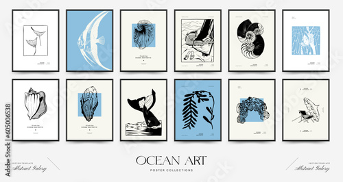 Abstract ocean and sea posters template. Modern sea Botanical trendy black style. Vintage seaweed, fish, shell. Ink wall  art.