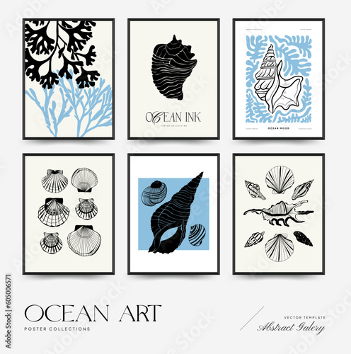 Abstract ocean and sea posters template. Modern sea Botanical trendy black style. Vintage seaweed, fish, shell. Ink wall  art.