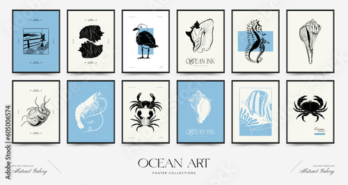 Abstract ocean and sea posters template. Modern sea Botanical trendy black style. Vintage seaweed, fish, shell. Ink wall  art.